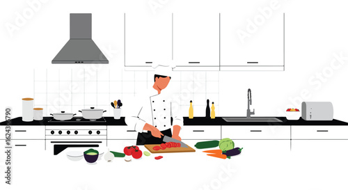 Chef cuts tomatoes in kitchen, pots on stove, prep area for healthy food recipe