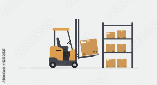 Forklift transporting a box in a warehouse with shelved boxes in the background