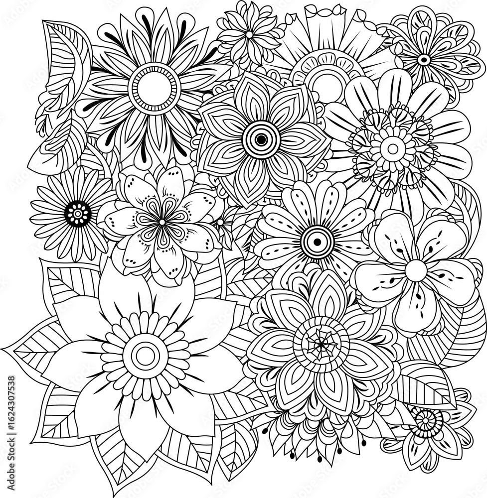 Fototapeta premium Intricate black and white floral pattern detailed line art close-up