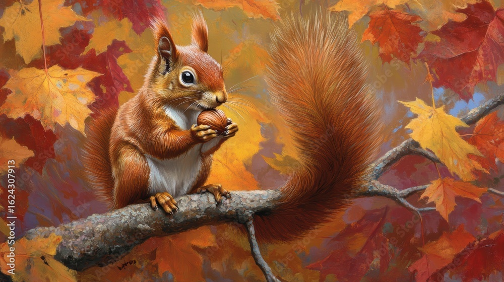 Fototapeta premium Red squirrel eating acorn amidst autumn leaves on branch.
