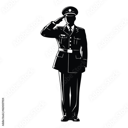 Military man in uniform saluting on white background