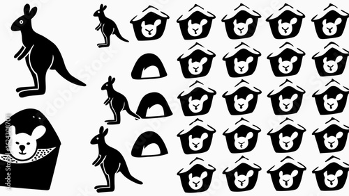 Illustration showing kangaroos, rabbit in a pouch, and rabbit face in a house pattern design element silhouette