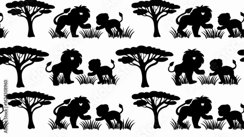 Black silhouette of lions and cubs with trees in a repeating pattern on a white background design art