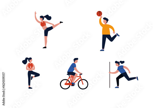 Collection of people enjoying diverse sports and fitness activities. Set of flat character illustrations for a healthy lifestyle concept.