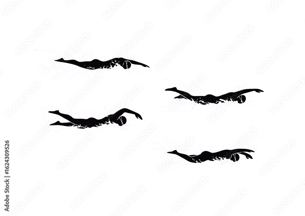 Obraz premium Set of swimmer silhouettes in motion. A graphic representation of swimming technique and athletic movement, isolated on white.