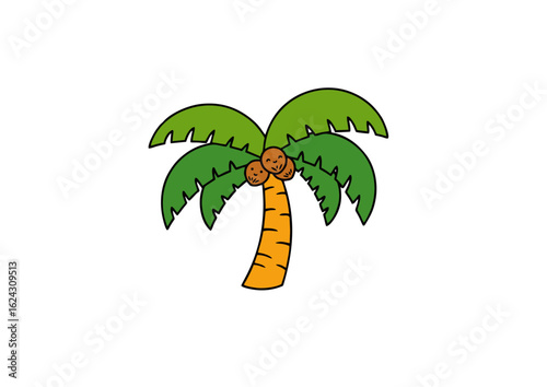 A cute cartoon illustration of a tropical palm tree with coconuts, symbolizing summer vacation and exotic island travel.