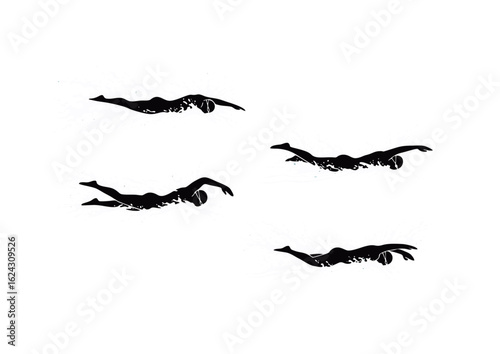 Set of swimmer silhouettes in motion. A graphic representation of swimming technique and athletic movement, isolated on white.