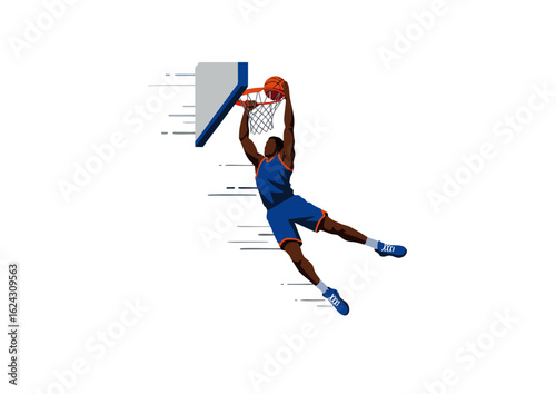 Powerful basketball player in mid-air performing an explosive slam dunk. Dynamic vector illustration of an athlete in motion.