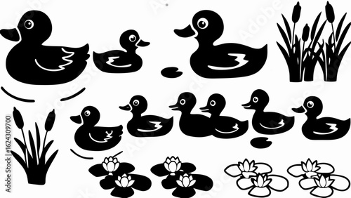 Silhouette illustration of ducks swimming among cattails and lily pads in a pond scene design
