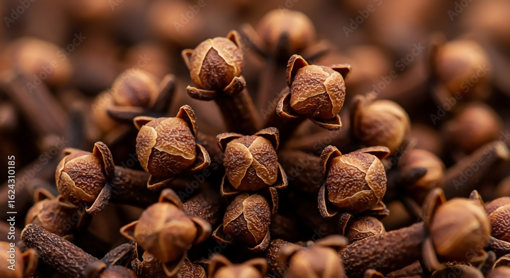 Obraz premium Detailed macro shot of a pile of whole dried cloves, showcasing the rich texture and form of the aromatic botanical spice.
