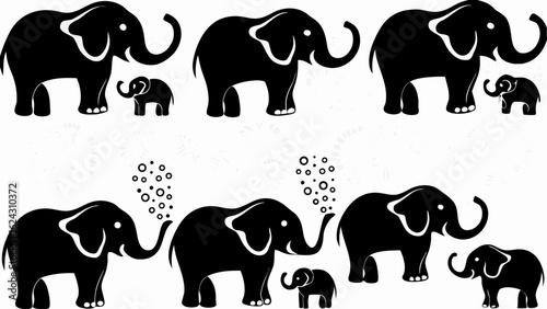 Black and white illustration of several elephants including adult elephants and baby elephants in various poses silhouette