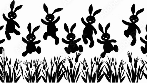 Silhouette bunnies jumping over reeds in a playful pattern black and white illustration style image