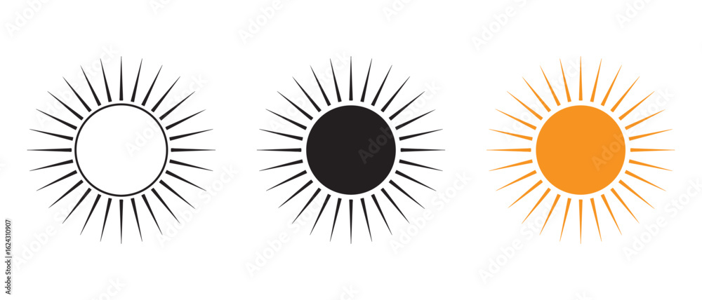Minimal Sun Icons Set. White, Black, and Orange Variants for UI Design and Weather Symbols.