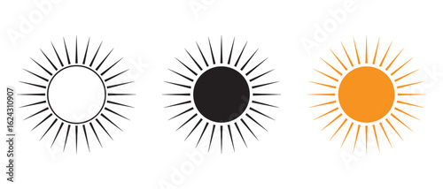 Minimal Sun Icons Set. White, Black, and Orange Variants for UI Design and Weather Symbols.