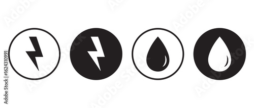 Minimalist Energy and Water Icons. Black & White Symbol Set for UI Design.