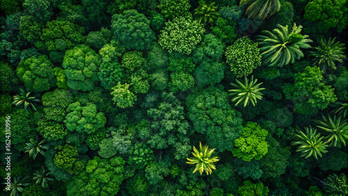 Fototapeta Naklejka Na Ścianę i Meble -  Lush green forest canopy offering a serene and vibrant natural tree landscape from a bird's eye view