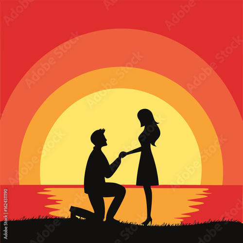 Vector art of man proposing to woman at sunset on the beach in silhouette