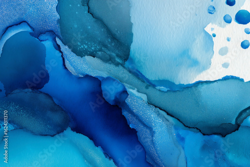 Abstract blue ink painting with sparkling accents, evokes the feeling of deep waters and natural flow.