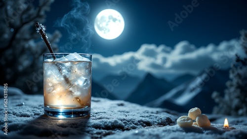 A chilled cocktail glass sits on snow, illuminated by moonlight, with mountains in the background, creating a serene and enchanting winter atmosphere.