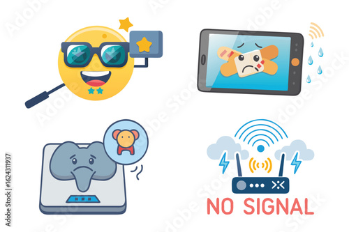 Vector art of collection of icons showing no wifi signal, sad phone with bandaid, elephant on scale, and cool emoji with magnifying glass.