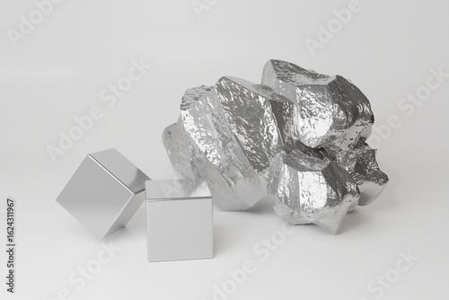 Fotografie Shiny raw nickel ore and refined nickel metal cubes on a white background