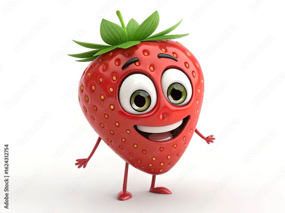 Fototapeta premium Cute strawberry cartoon in 3D holding a tiny fruit basket, smiling playfully, isolated on white.