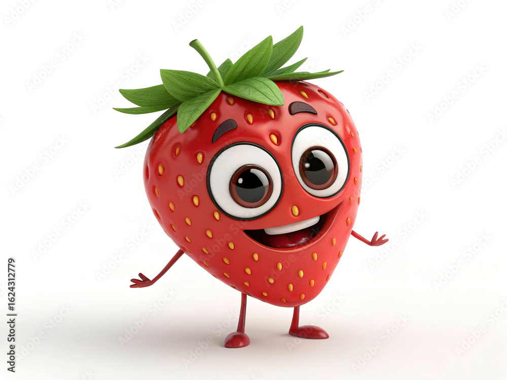 Fototapeta premium 3D strawberry mascot dancing with green leaf hat, joyful expression, isolated on white background.