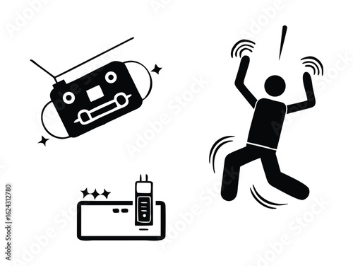 Vector art of retro cassette tape player and dancing stick figure isolated on white background.