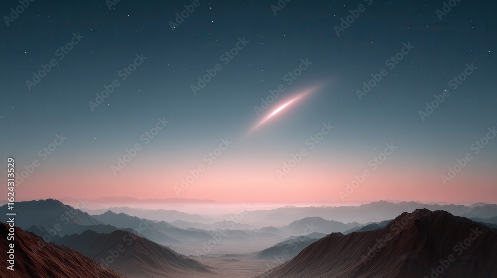 Fototapeta premium Surreal twilight over a breathtaking mountain range with cosmic wonders in the sky. 3I/ATLAS