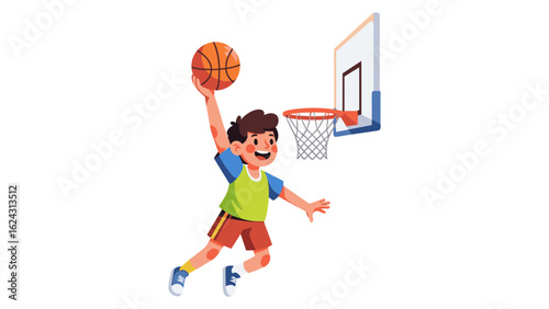 Young boy basketball player jumping for a slam dunk shot vector graphic illustration.