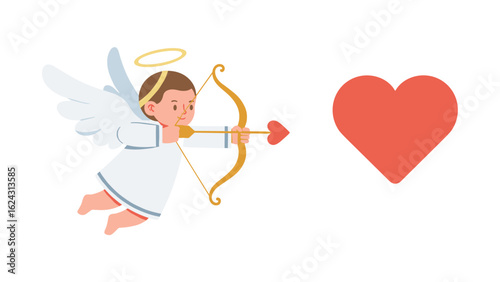 Amur angel with a halo shoots a love arrow at a red heart. Greeting card concept.