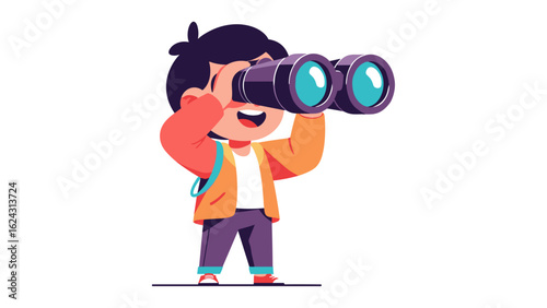 A curious boy looking through binoculars, symbolizing exploration and future vision.
