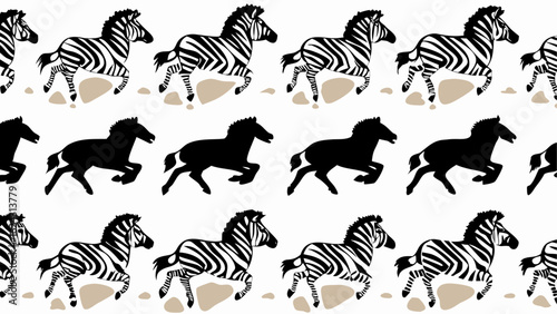 Seamless pattern featuring alternating rows of running zebras and horse silhouettes in black and white