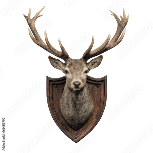 Taxidermied deer head mounted on dark wooden shield