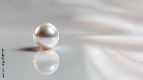 A single, flawless white pearl resting on a reflective white surface.