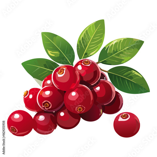 Cranberry with leaves vector color illustration. Red berry arrangement on isolated background for packaging and design.	