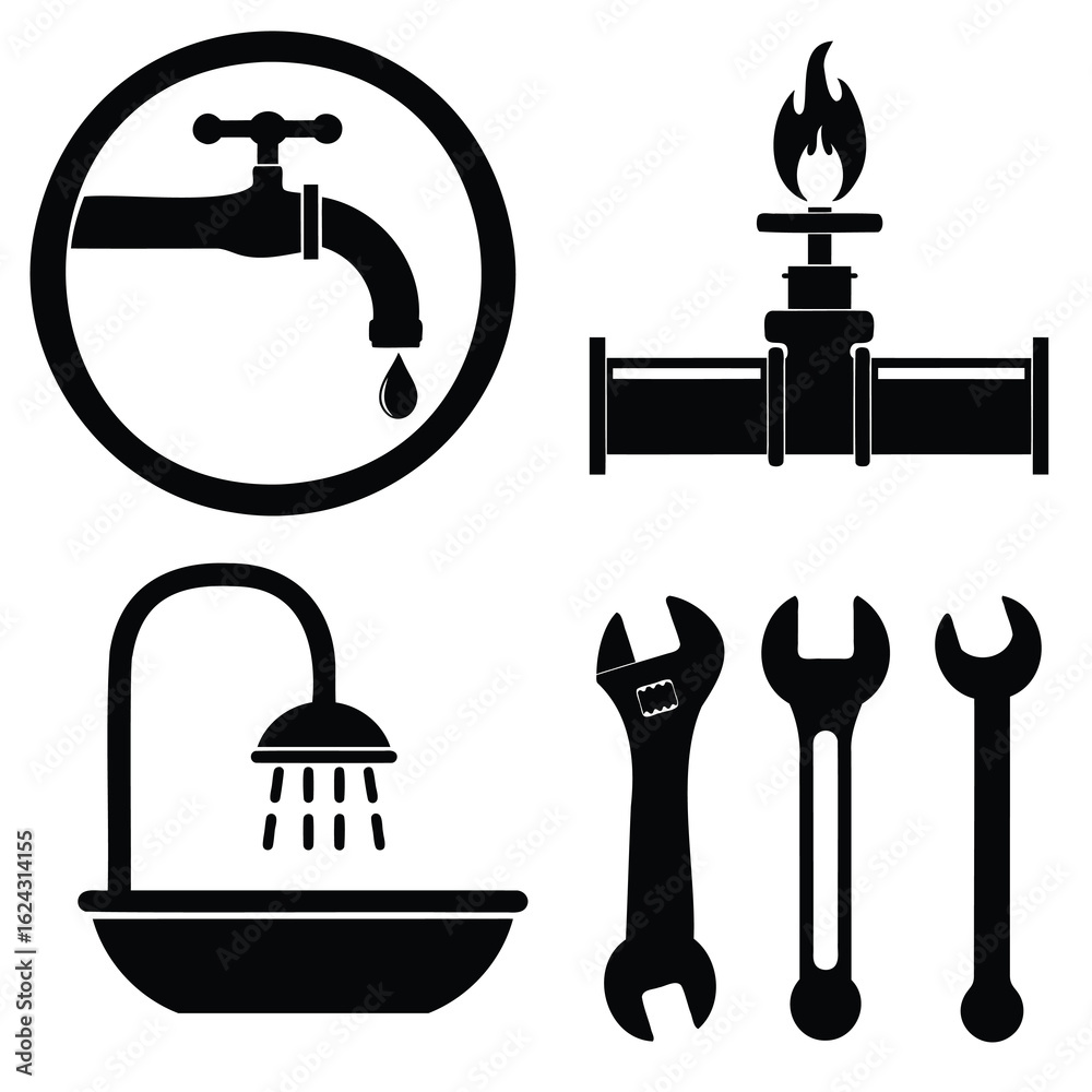 Obraz premium Vector art of plumbing icons set isolated on white background featuring various plumbing related symbols such as faucets, pipes, wrenches, showers, gas flames and repair tools