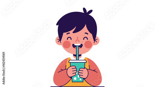 Cute cartoon preschool boy happily sipping a fizzy beverage from a cup with a straw.
