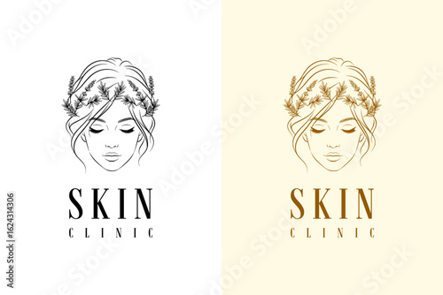 woman face with herbal leaves on hair vector illustration, logo for acne, anti aging, skin treatment, natural, cosmetics brand, dermatologist, skin specialist, skin clinic, and more