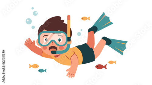 Cute cartoon boy in a snorkel mask and flippers swimming underwater with fish. Vector illustration.