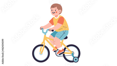 Cute cartoon boy learning to ride a yellow bicycle with training wheels on a white background.