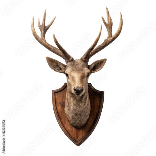 Mounted deer head, detailed.  A taxidermied deer head,  light grayish-brown,  is mounted on a dark wooden shield.  Large antlers, branching, are prominent.  Focus is on the head