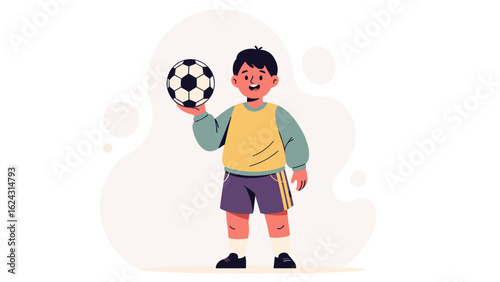 A cheerful young boy character in sportswear holding a soccer ball. Flat vector illustration.