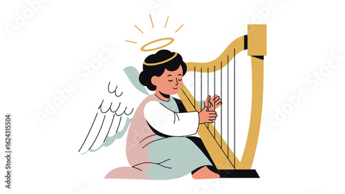 Serene angel with a halo playing a classical golden harp. Heavenly spiritual vector concept.