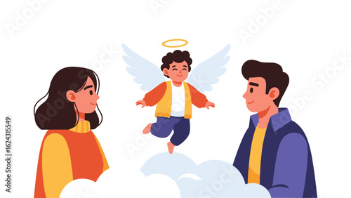 Memorial concept of a couple seeing their deceased infant as a cherubic angel with wings.