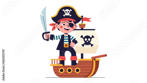 Cheerful young pirate captain with a cutlass on his ship for a sea adventure