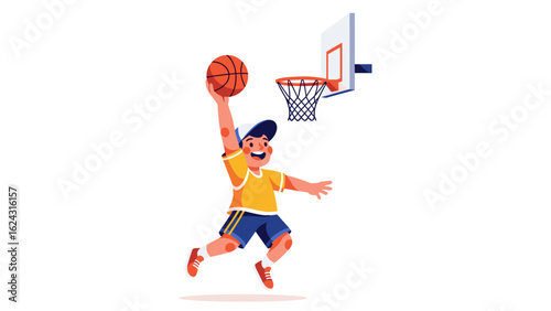 Young cartoon boy in sportswear jumping high to slam dunk a basketball. Vector illustration.