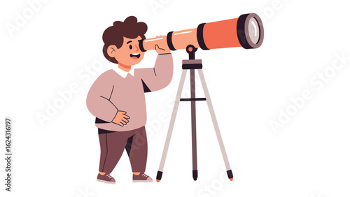 Cartoon child astronomer character with a telescope for discovery and exploration.