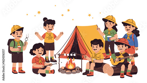 Junior explorers and friends enjoying a fun camping trip with a campfire and tent