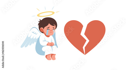 A sorrowful little angel with wings and a halo crying over a broken red heart.